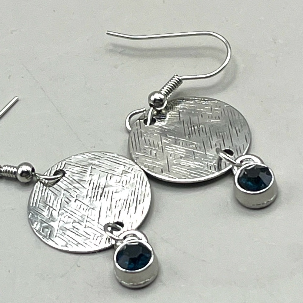 Silver Tone Textured Disc Dangle Earrings with Blue Accents Luxury Statement